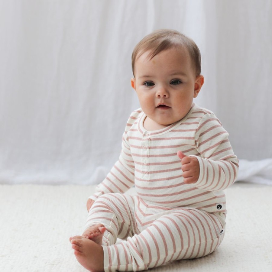 Shop Clothing Burrow and Be | Henley Rib Bodysuit - Dusty Rose Stripe